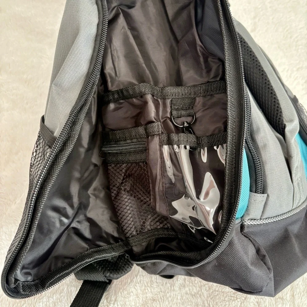 Emerald Waterways Daypack, Backpack Travel Bag -Gray Blue Black Side Pockets EUC